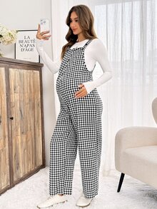Slowluna Plaid Wide Leg Loose Casual Maternity Overalls - Black and White - View 3