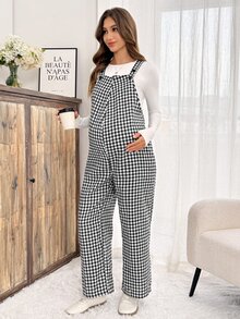 Slowluna Plaid Wide Leg Loose Casual Maternity Overalls - Black and White - View 7