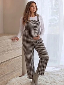 Slowluna Plaid Wide Leg Loose Casual Maternity Overalls - Black and White - View 2