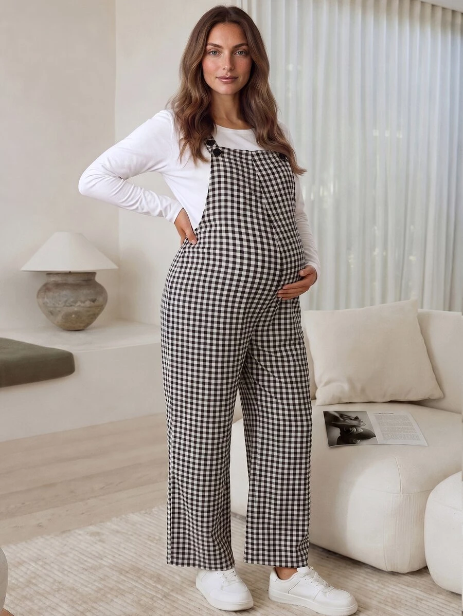Slowluna Plaid Wide Leg Loose Casual Maternity Overalls - Black and White - View 1