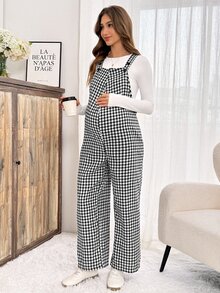 Slowluna Plaid Wide Leg Loose Casual Maternity Overalls - Black and White - View 9