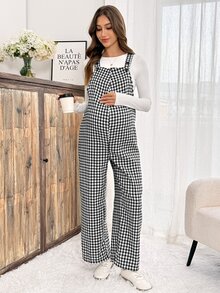Slowluna Plaid Wide Leg Loose Casual Maternity Overalls - Black and White - View 8