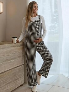 Slowluna Plaid Wide Leg Loose Casual Maternity Overalls - Black and White - View 10