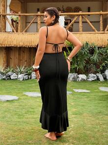 Swim Vcay Plus Size Women Kimono Style Maxi Dress With Ruffle Hem - Black - View 3