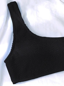 Swim Vcay Summer Beach Textured One Shoulder Bikini - Black - View 5