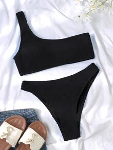 Swim Vcay Summer Beach Textured One Shoulder Bikini - Black - View 4