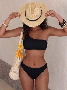 Swim Vcay Summer Beach Textured One Shoulder Bikini - Black - View 2