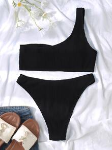Swim Vcay Summer Beach Textured One Shoulder Bikini - Black - View 3