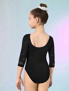 SHEIN 青少年女孩纯色简约 3/4 袖紧身衣，腰部有花卉水钻装饰，高弹性贴身紧身衣，四向拉伸 - 黑色 - 查看 2