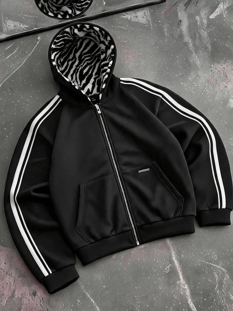 AXEPEAK Sudadera con capucha a rayas y bloques de color para hombre - Negro - Ver 1