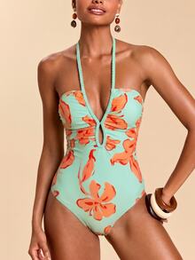 Travachic Women's Floral Print Backless Halter One-Piece Swimsuit For Beach Vacation One Piece Swimsuit Women One Piece Bathing Suit Swim Dress Women - Multicolor - View 6