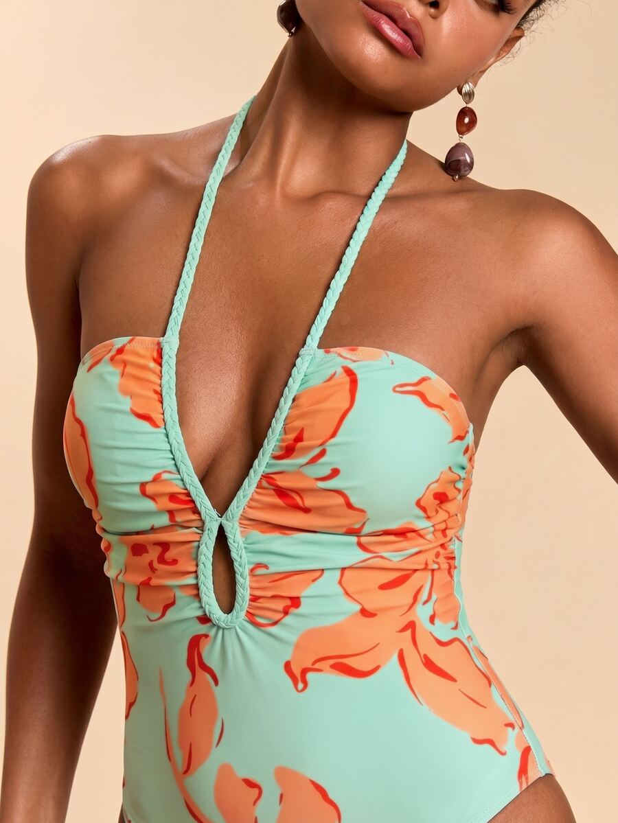 Travachic Women's Floral Print Backless Halter One-Piece Swimsuit For Beach Vacation One Piece Swimsuit Women One Piece Bathing Suit Swim Dress Women - Multicolor - View 1