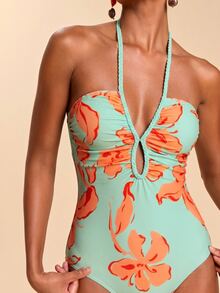 Travachic Women's Floral Print Backless Halter One-Piece Swimsuit For Beach Vacation One Piece Swimsuit Women One Piece Bathing Suit Swim Dress Women - Multicolor - View 4