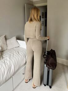 CovetEZ 2 Set Women's Solid Color Cardigan Knit Pants 2 Pieces Set Airport Beige Autumn Casual - Khaki - View 7