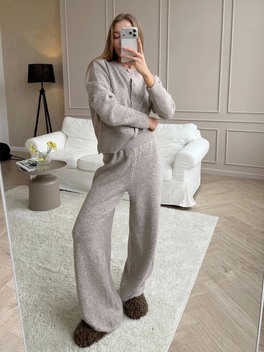 CovetEZ 2 Set Women's Solid Color Cardigan Knit Pants 2 Pieces Set Airport Beige Autumn Casual - Khaki - View 1