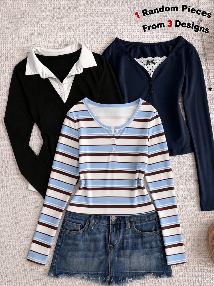 SHEIN Teen Girl Teen Girls Tight Snap Button Long Sleeve T-Shirt, Casual Y2K Top, Blue White Brown Striped Top - Blue - View 1