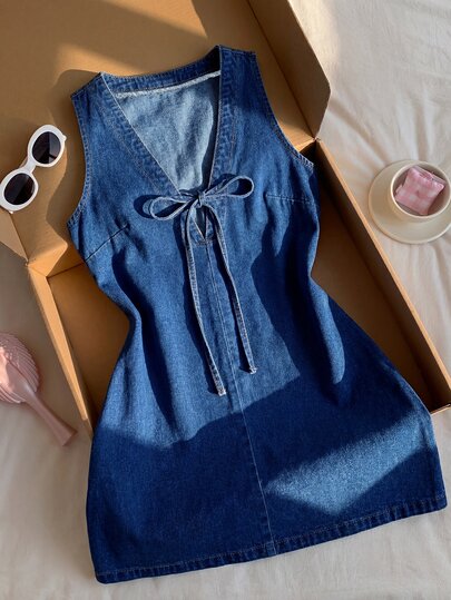 Comfortcana Women's Fashion Versatile Tie-Up Casual Denim Dress