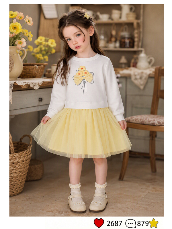 SHEIN Vintaside Kids طقم فستان حفلة 2 في 1 للبنات الصغيرات، ملابس علوية سويت شيرت مزينة بفيونكة وزهور ثلاثية الأبعاد + تنورة أميرة من التول الشبكي باللون الأصفر المتباين، مريح بأكمام طويلة، مناسب للارتداء اليومي الكاجوال في الربيع/الخريف