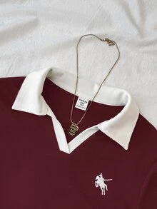 SHEIN 少女酒红色和白色翻领针织休闲撞色修身短款上衣，饰有小号Logo刺绣 - 酒紅色 - 查看 4
