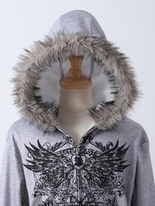 SHEIN Sparklyn 女童街頭風翅膀印花拉鍊連帽衛衣，秋季休閒毛邊連帽外套，假日穿搭 - 灰色 - 查看 5