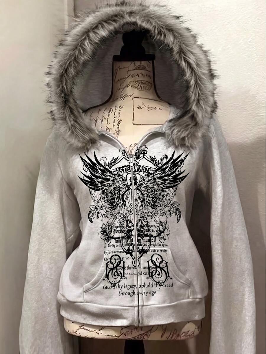 SHEIN Sparklyn 女童街頭風翅膀印花拉鍊連帽衛衣,秋季休閒毛邊連帽外套,假日穿搭 - 灰色 - 查看 1