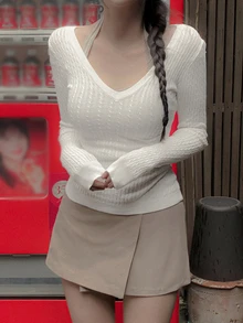 DAZY Sweater Rajut Wanita Warna Polos, Potongan Slim Fit, Motif Kabel Terpilin, Leher V Dalam, Lengan Panjang, Elegan, Seksi, Cocok untuk Liburan Musim Semi dan Gugur. - Putih - View 8