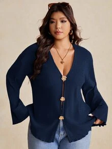Elaquor Plus Size Women's Metal Flower Placket Long Sleeve Casual Jacket Fall - Navy Blue - View 4