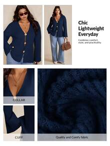 Elaquor Plus Size Women's Metal Flower Placket Long Sleeve Casual Jacket Fall - Navy Blue - View 3