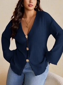 Elaquor Plus Size Women's Metal Flower Placket Long Sleeve Casual Jacket Fall - Navy Blue - View 6