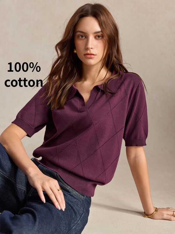 BizChic Women's Deep Purple Diamond Pattern Hollow Crochet Knit Top, French Style, Elegant Commute Office Business Workplace Formal, Halloween Autumn Back To School Church Special Occasion Birthday Wedding Guest Party Date Vacation Casual Minimalist