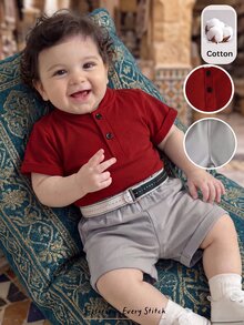 SHEIN Playful Pals 2 piezas Conjunto completo de camiseta de manga corta con cuello alto elegante y minimalista y pantalones de color contrastante para niño bebé, adecuado para ropa de verano para niños pequeños - Multicolor - Ver 7