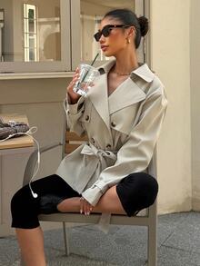 Muchica 2026 Solid-Color Double-Breasted Trench Coat (Multi-Layered Collar Design) Versatile Casual Elegant Professional Settings Office Light Grey Autumn - Khaki - View 4