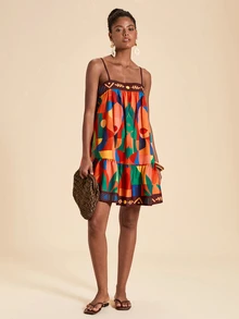 Travachic Women's Abstract Figure Print Ruffle Hem Camisole Mini Dress For Vacation - Multicolor - View 6