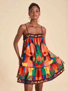 Travachic Women's Abstract Figure Print Ruffle Hem Camisole Mini Dress For Vacation - Multicolor - View 5