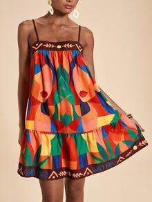 Travachic Women's Abstract Figure Print Ruffle Hem Camisole Mini Dress For Vacation - Multicolor - View 1