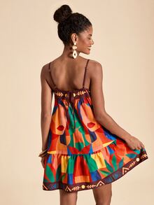 Travachic Women's Abstract Figure Print Ruffle Hem Camisole Mini Dress For Vacation - Multicolor - View 2