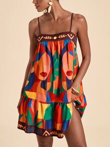 Travachic Women's Abstract Figure Print Ruffle Hem Camisole Mini Dress For Vacation - Multicolor - View 3