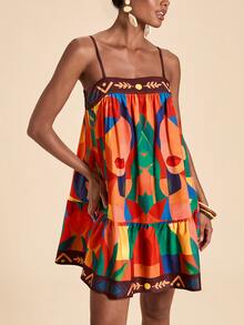Travachic Women's Abstract Figure Print Ruffle Hem Camisole Mini Dress For Vacation - Multicolor - View 4