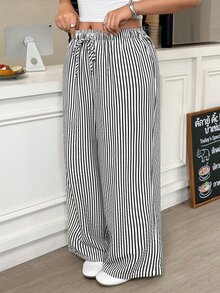 Muchica 大尺碼女款抽繩腰條紋休閒百搭寬腿褲，適合日常穿著、度假、婚禮賓客，黑白配色，秋季款 - 彩色 - 查看 7