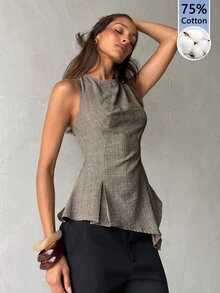 Aloruh 女款素色百褶休閒百搭日常穿著上衣 - 深灰色 - 查看 8