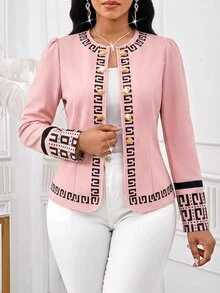 SHEIN Lady 女款灰粉色幾何印花鈕扣長袖翻領短版西裝外套，優雅休閒正式辦公商務工作派對婚禮秋季 - 粉色 - 查看 5
