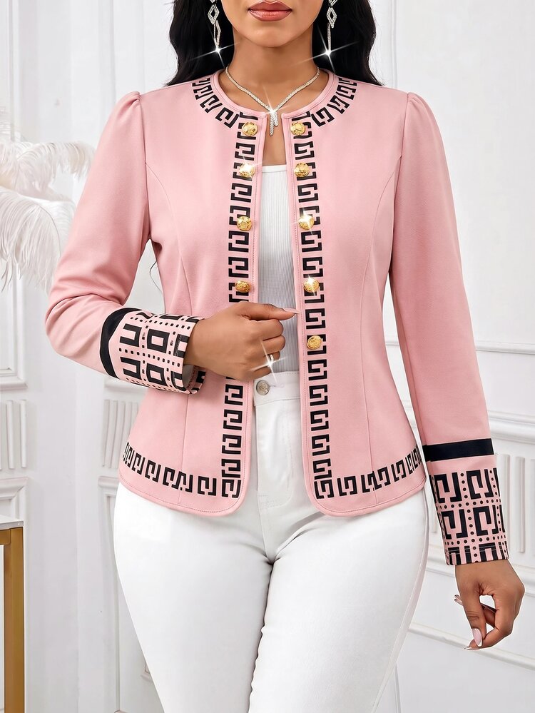 SHEIN Lady Women's Dusty Pink Geometric Print Button Long Sleeve Lapel Cropped Blazer Jacket Elegant Casual Formal Office Business Work Party Wedding Autumn - Pink - View 5