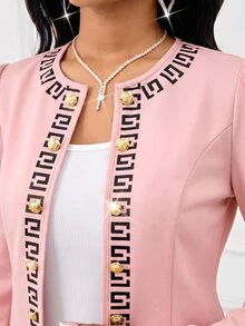 SHEIN Lady 女款灰粉色幾何印花鈕扣長袖翻領短版西裝外套，優雅休閒正式辦公商務工作派對婚禮秋季 - 粉色 - 查看 7