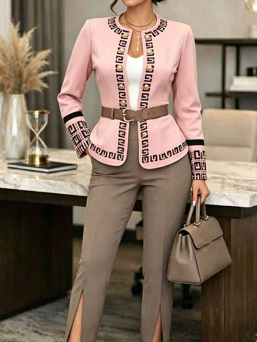 SHEIN Lady 女款灰粉色幾何印花鈕扣長袖翻領短版西裝外套,優雅休閒正式辦公商務工作派對婚禮秋季 - 粉色 - 查看 1