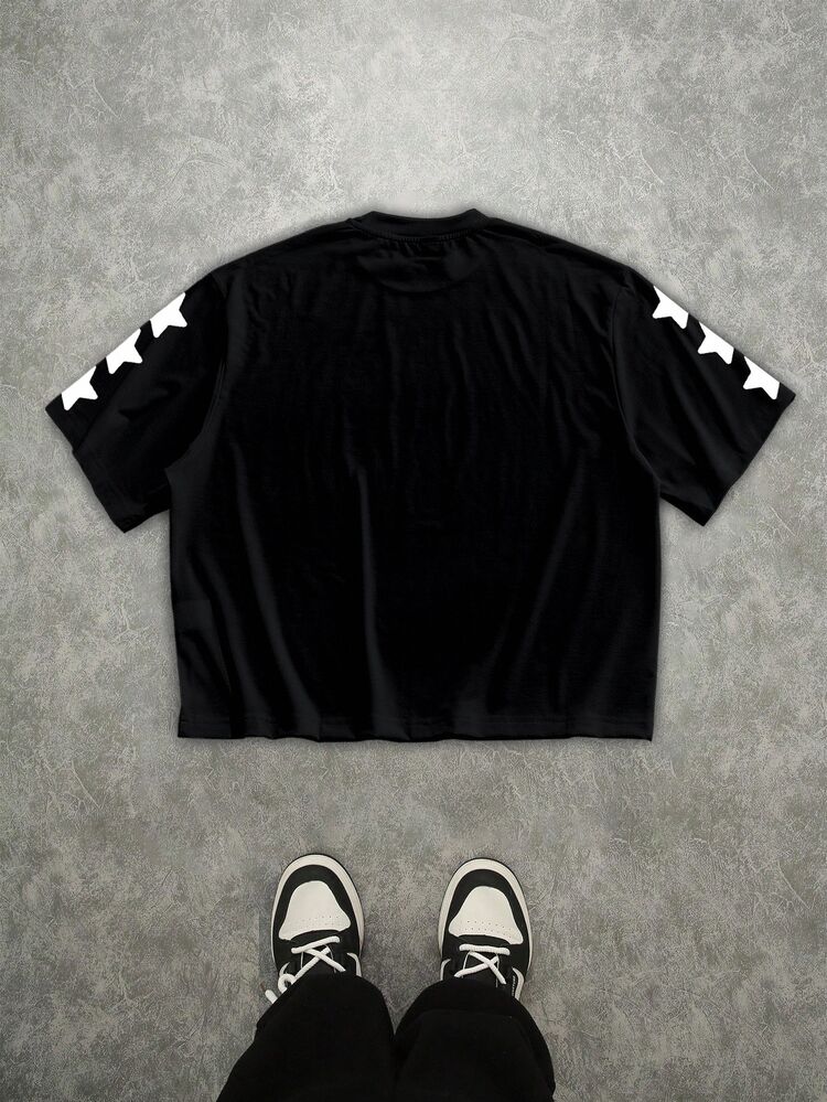 Manfinity Roghcode Camiseta suelta de manga corta y corta con estampado de letras para hombre - Negro - Añade 4