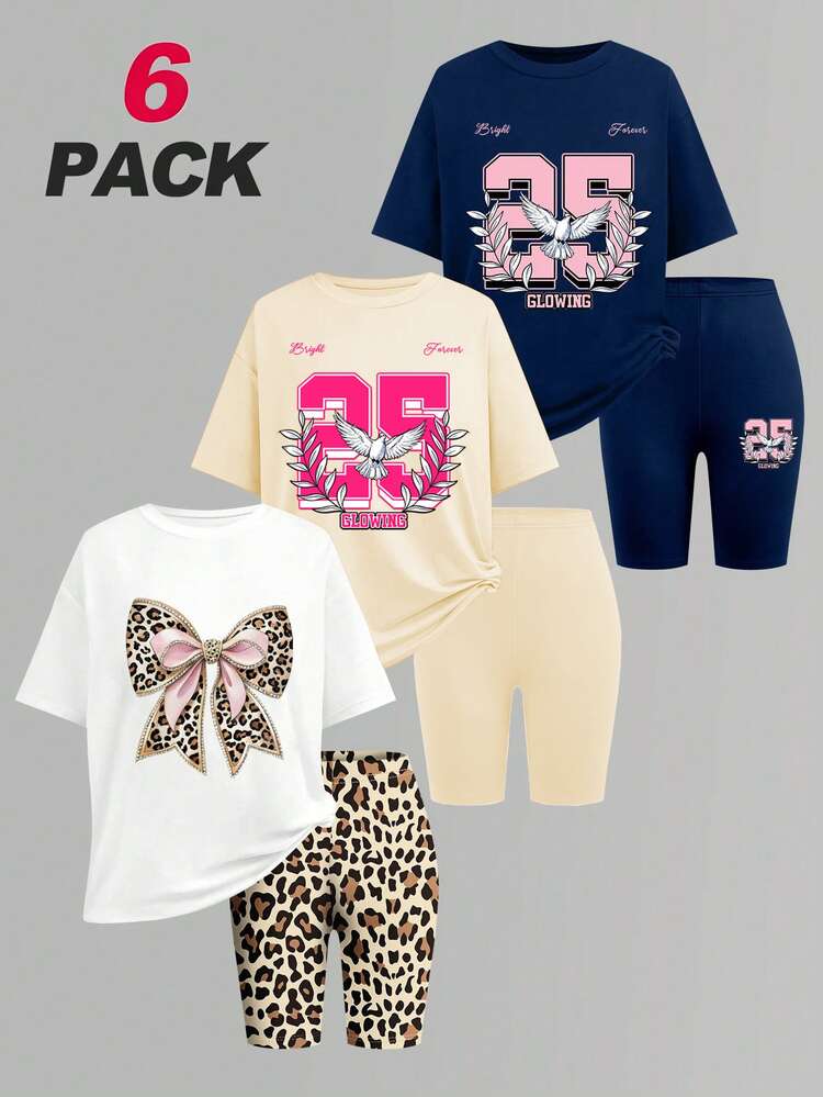 SHEIN Explorewe Tween Girls 6pcs/Set Round Neck Squishy T-Shirt Set Summer Clothes Casual Athletic Street Style Bow 25 Number Navy Blue Beige White School - Multicolor - View 1