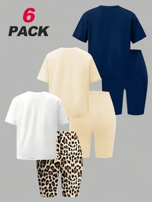 SHEIN Explorewe Tween Girls 6pcs/Set Round Neck Squishy T-Shirt Set Summer Clothes Casual Athletic Street Style Bow 25 Number Navy Blue Beige White School - Multicolor - View 2