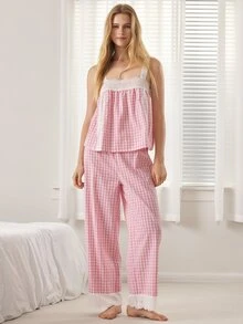 Ocili Pure Cotton Embroidered Hollow Lace Floral Trim Plaid Pajama Set, Simple Comfortable Tank Top And Long Pants Women's Loungewear Set - Pink - View 4