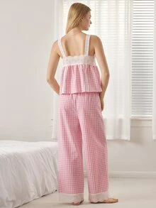 Ocili Pure Cotton Embroidered Hollow Lace Floral Trim Plaid Pajama Set, Simple Comfortable Tank Top And Long Pants Women's Loungewear Set - Pink - View 3
