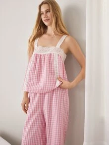 Ocili Pure Cotton Embroidered Hollow Lace Floral Trim Plaid Pajama Set, Simple Comfortable Tank Top And Long Pants Women's Loungewear Set - Pink - View 7